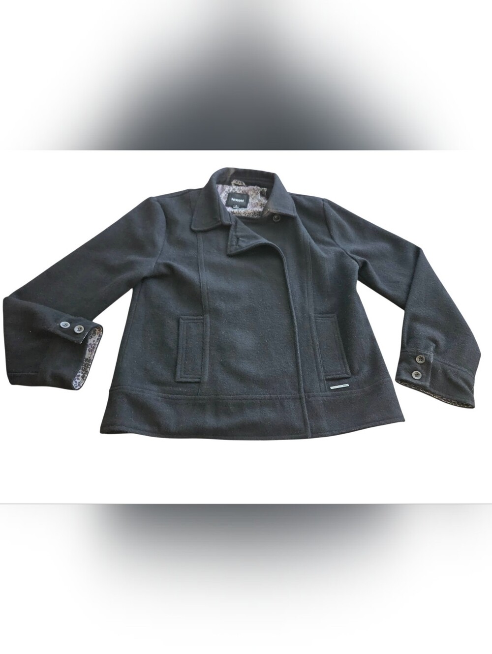 Nixon Sedgwick Asymmetric Wool Coat Jacket in Black sz LARGE